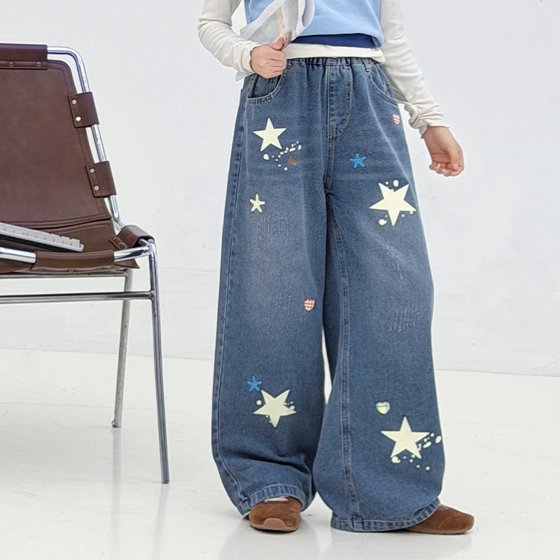 Girls Pentagram Printed Jeans Wide Leg Pants Spring Autumn Loose Fit Teen Children Denim 5-14 Years Kids Stylish Casual Trousers