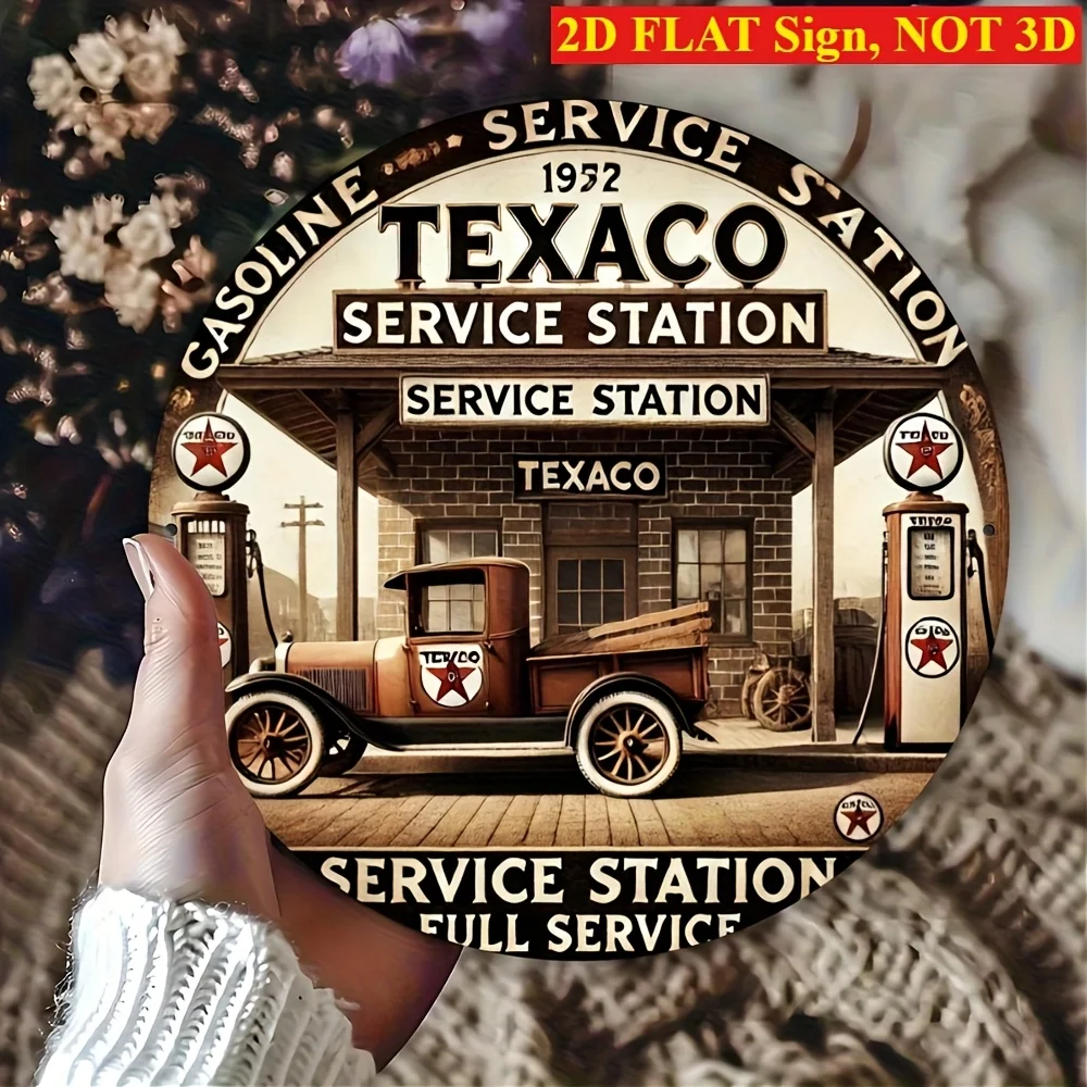 1pc Vintage Man Cave Texaco Gas Station Metal Tin Sign, Retro Round 8×8 Inch Aluminum Sign 2D Flat, Suitable for Those Who Like