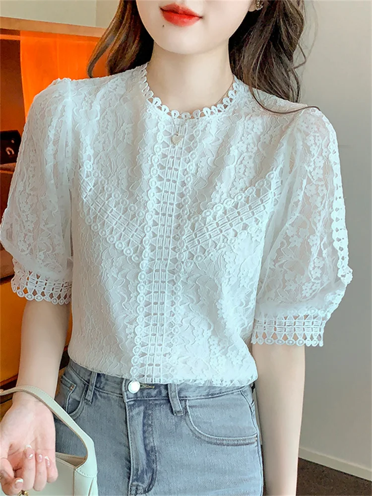 Lace Shirt Women Summer New Style round Neck Hollow out Short Sleeve Korean Version Commute Style Net Patchwork Inlay Fashion...