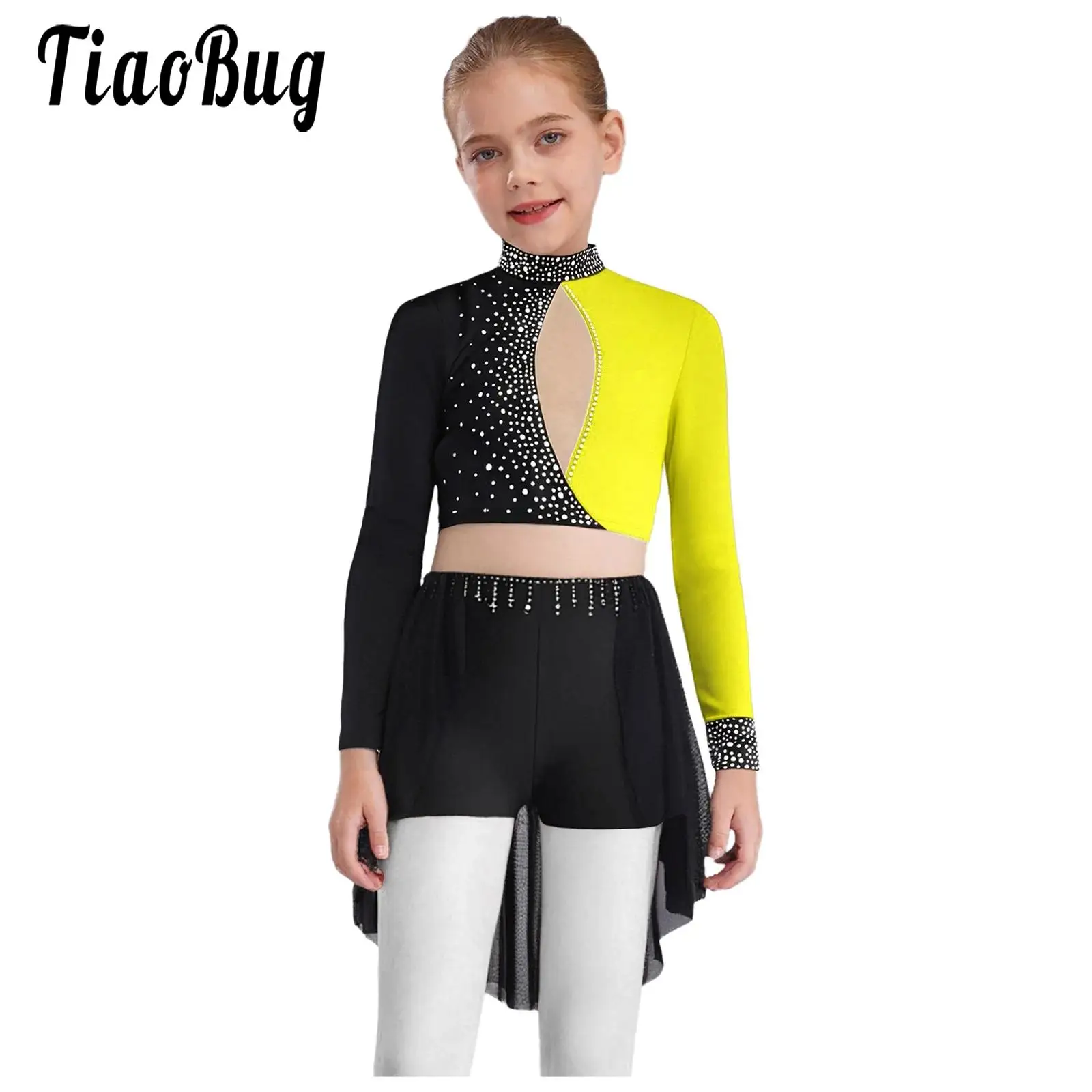 

Girls Rhythmic Gymnastic Costume Modern Dance Figure Skating Performance Dresses Long Sleeve Rhinestones Crop Top with Skirt Set