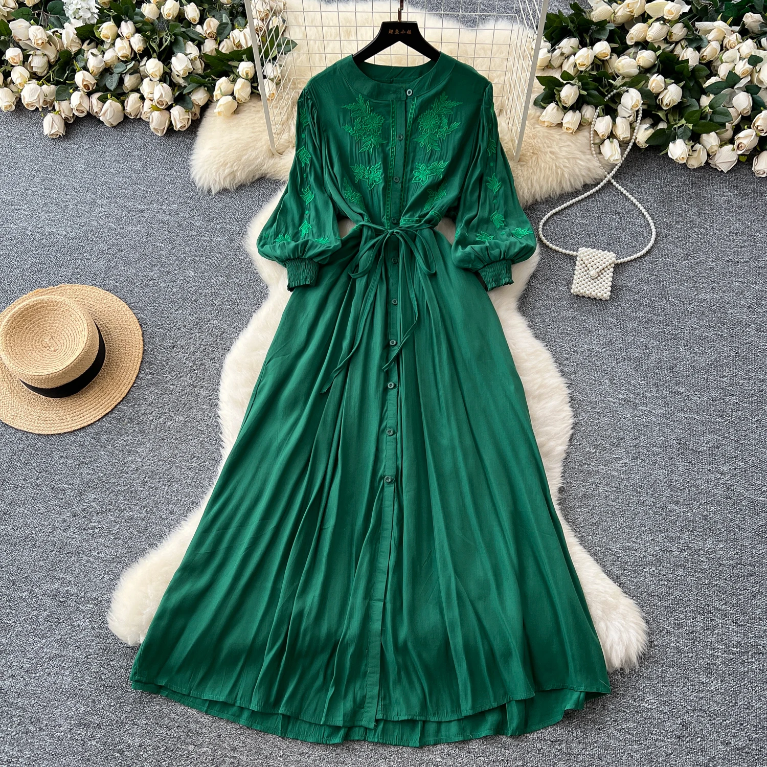Vintage elegante geborduurde knoopjurk A-lijn chique casual strandvakantie dames zomerjurken