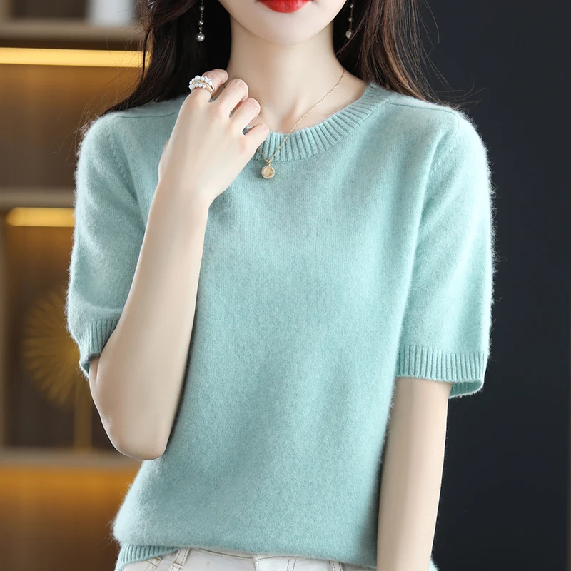 Hot Sale 100% Wool Women\'s Sweaters And Pullovers Autumn Female O-Neck Cashmere Clothing Short SLeeve Soft Jumper Tops Spring