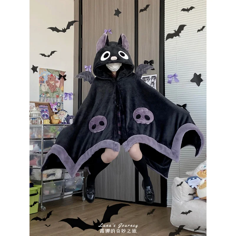 Kawaii Cartoon Bat Y2k Plush Pajamas Anime Cloak Sleepwear Costume Halloween Cloak for Adults Winter Pajamas Women Blanket Cape