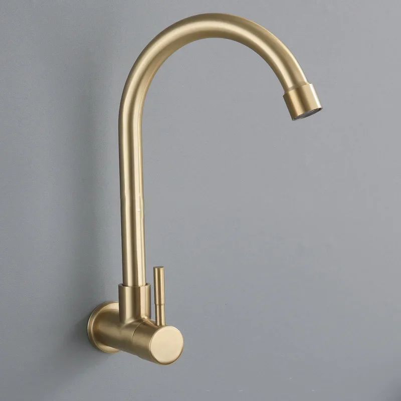 

Brushed Gold Stainless Steel Wall Mounted Kitchen Faucet Only Cold Water Sink Faucet Rotatable Vegetable Washing Basin Water Tap