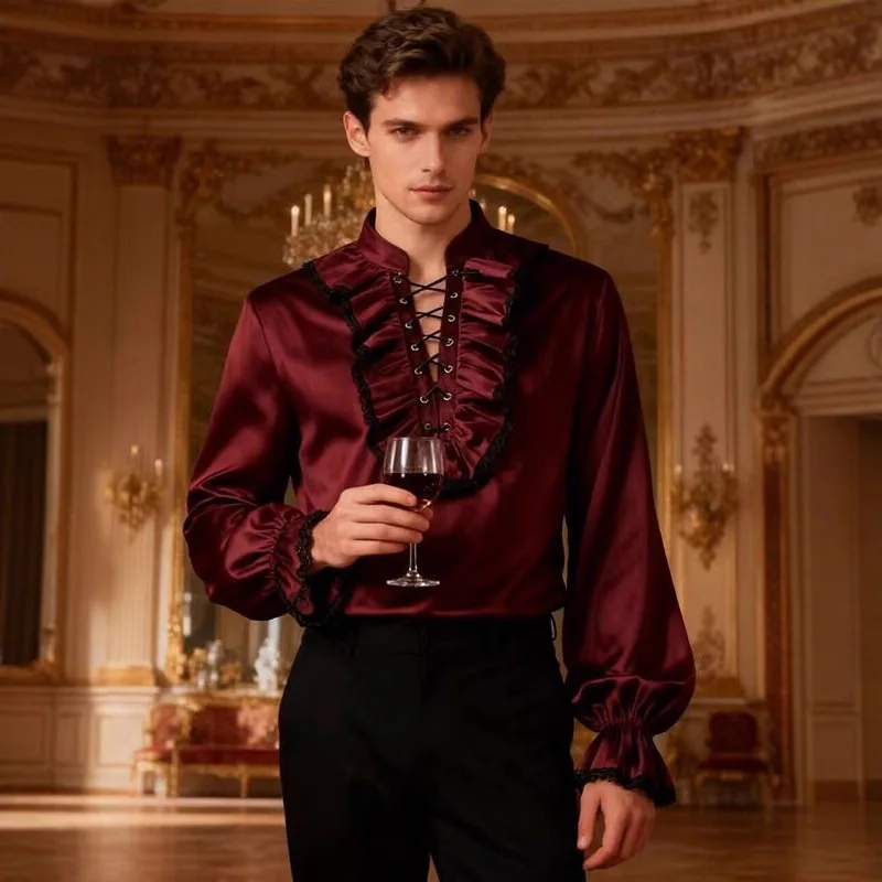 

Мужская Ретро Средневековая Рубашка Пират Викинг Косплей Костюм Винтаж Повседневная Шнуровка Рыцарь Ренессанс Скандинавская Туника Бандажная Рубашка