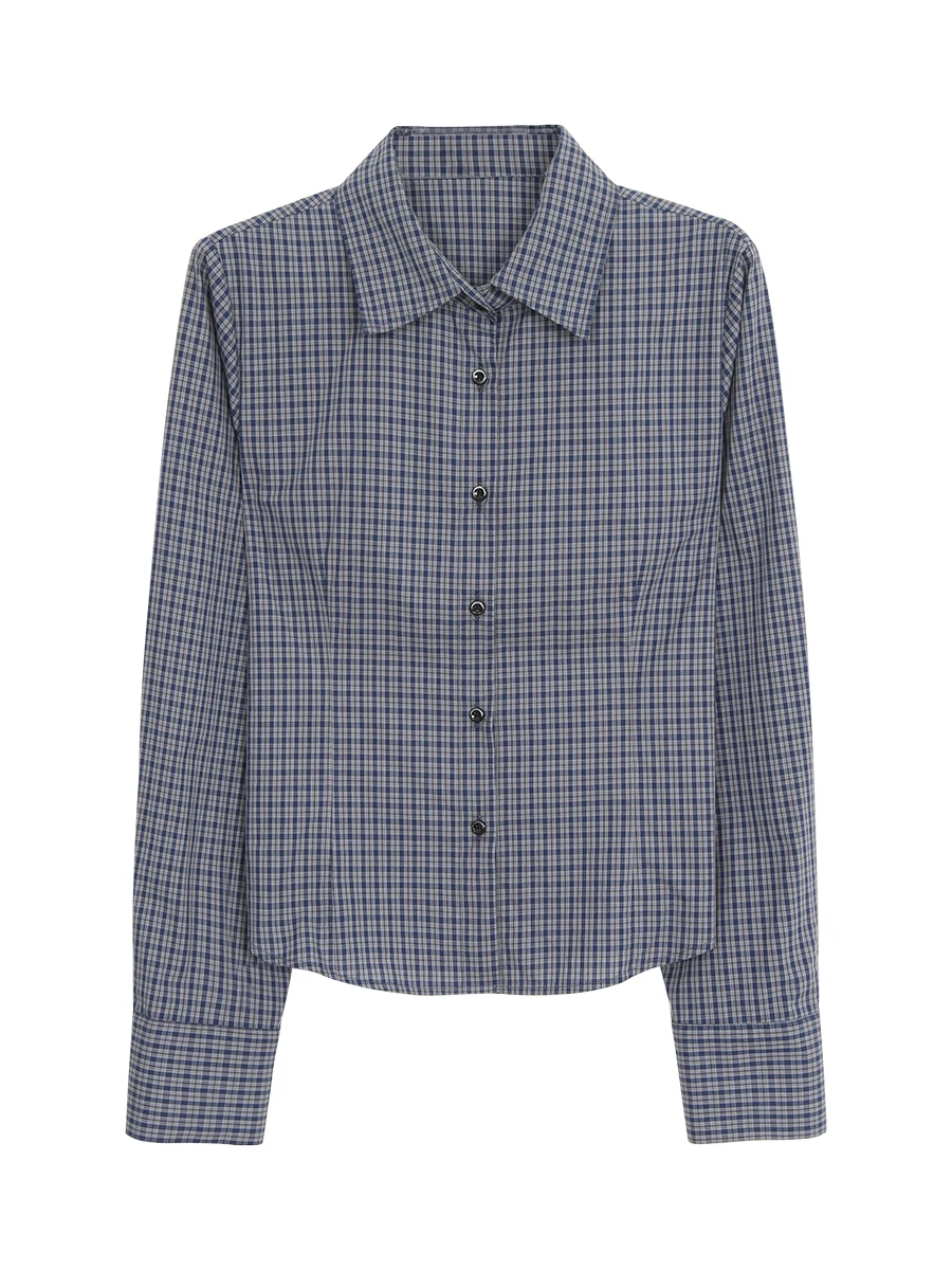 قميص نسائي بأكمام طويلة بنقشة مربعات زرقاء، تصميم جديد للخريف، أسلوب بسيط للعمل، قطن 00٪، قميص داخلي، قمة أنيقة وفريدة #5