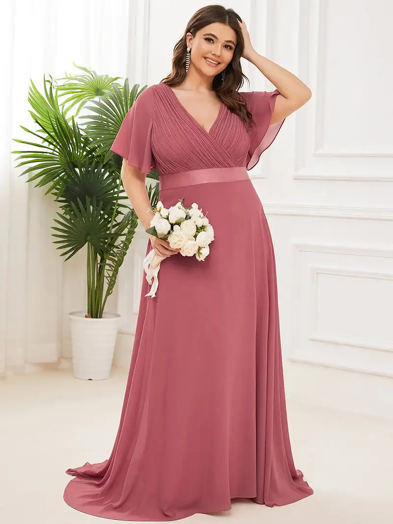 

Plus size Evening Dresses Short sleeve V-neck Retract one's waist 2024 of A-LINE Chiffon Cameo Brown Bridesmaid dress