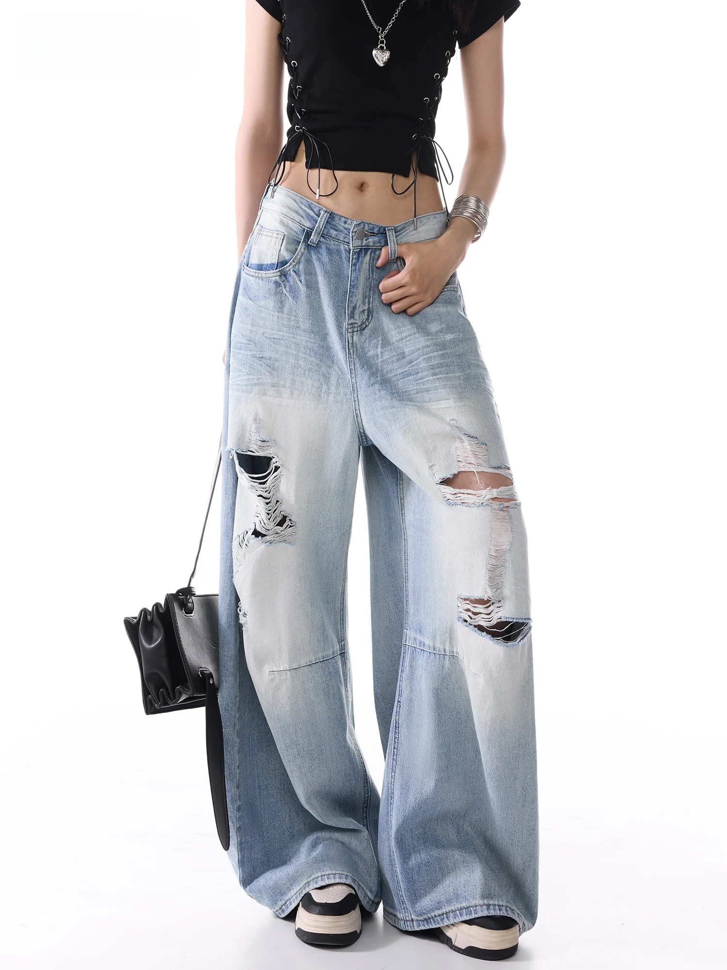 

Large Hole Denim Jeans Women's Cool Washed Wide Leg Casual Spring Summer High Street Drapey Loose Fit Casual Loose Jeans