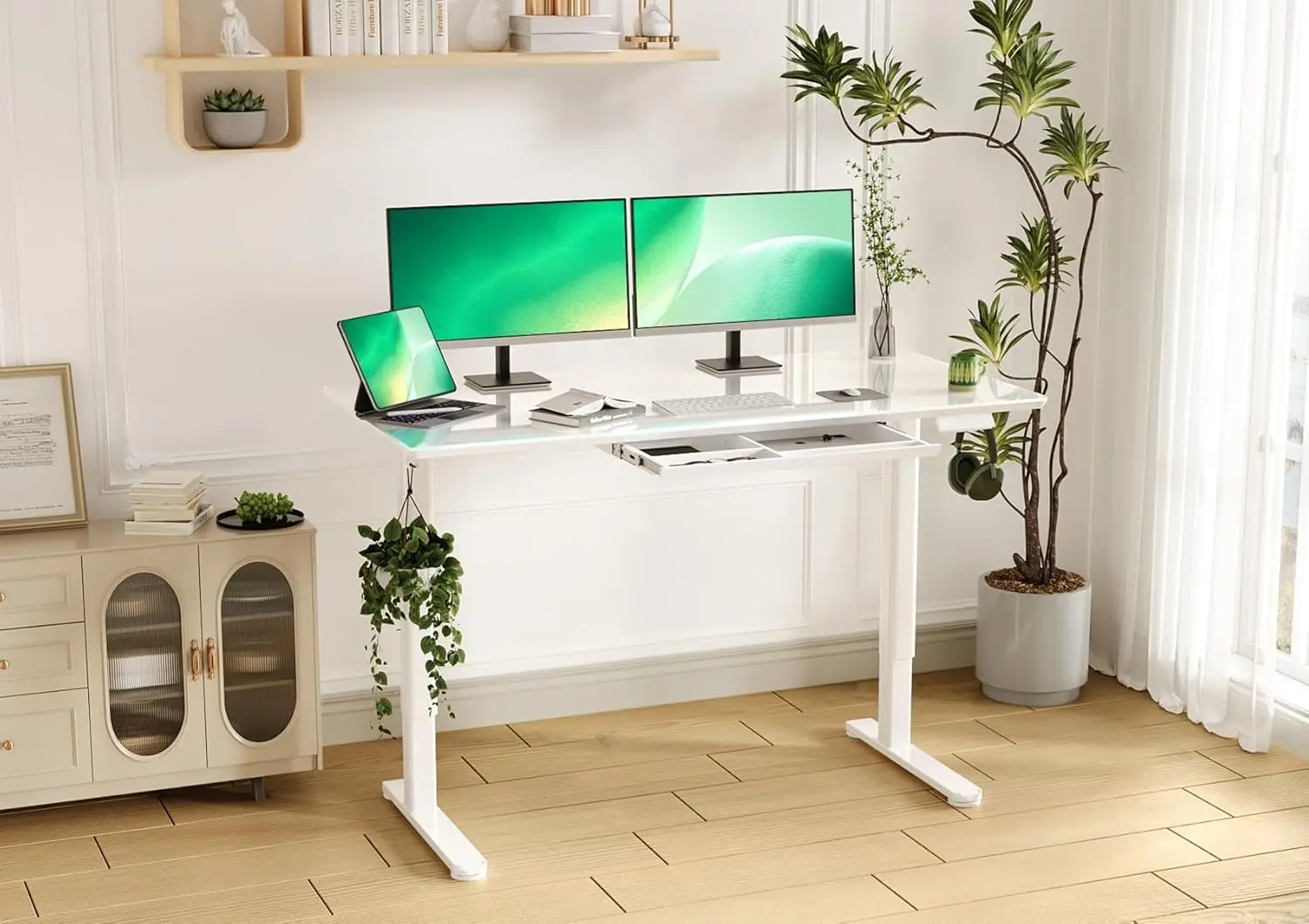 55×27.6 Inch Adjustable Stand Up Desk Quick Install Home Office Computer Desk, Super White