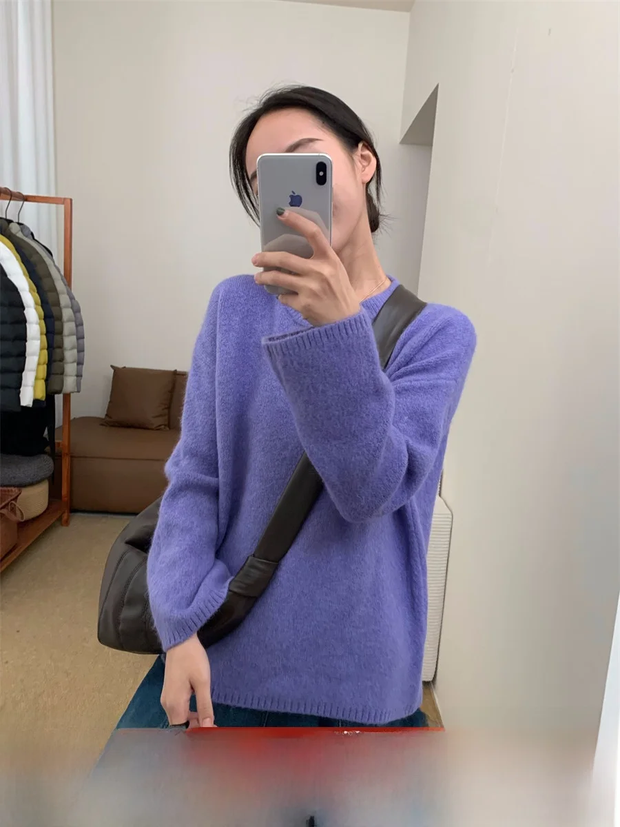 

Женский мягкий вязаный свитер из кроличьего меха с круглым вырезом, однотонный, в стиле lazy, удобный, теплый, с длинными рукавами, для осени