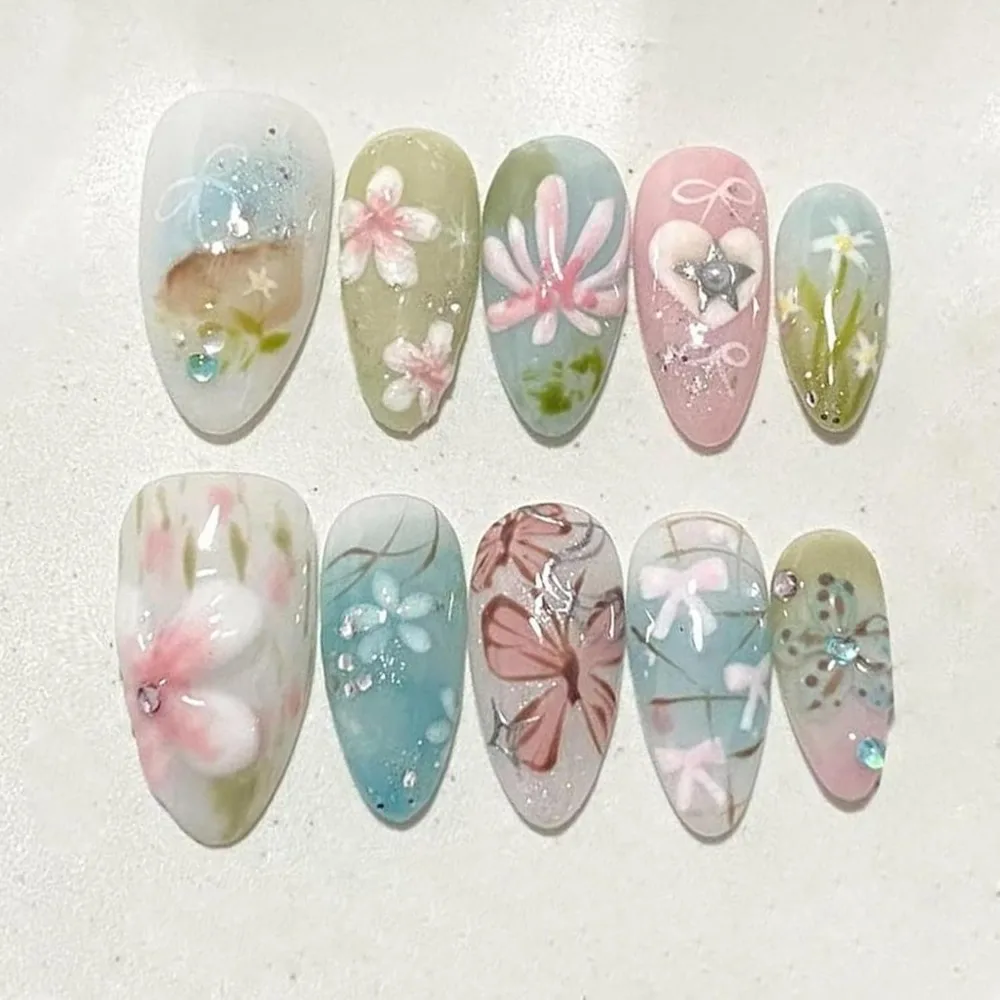 24pcs Almond-Shaped Floral Butterfly Press-on Nails for Reusable Acrylic Nail Art