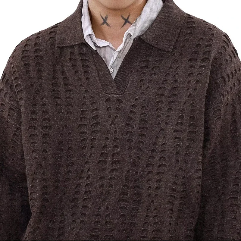 

Long Sleeve Hollow Out Knit Polo Shirt Men's Autumn Casual Buttoned Polo Neck Jumper Tops Men Fashionable Knitting Polo