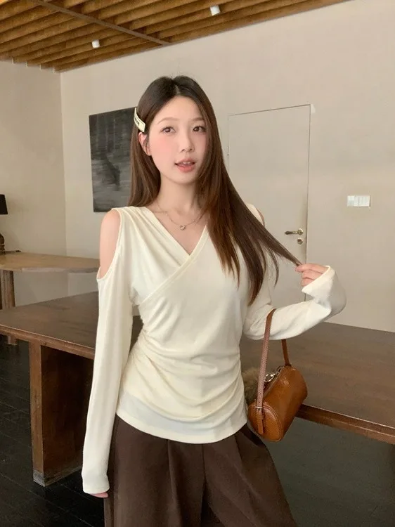 

plus Size Women's Slim Fit Long Sve oulder Bared V-Ne T-irt Korean Sle High Waist Spring New Faion Casual Top