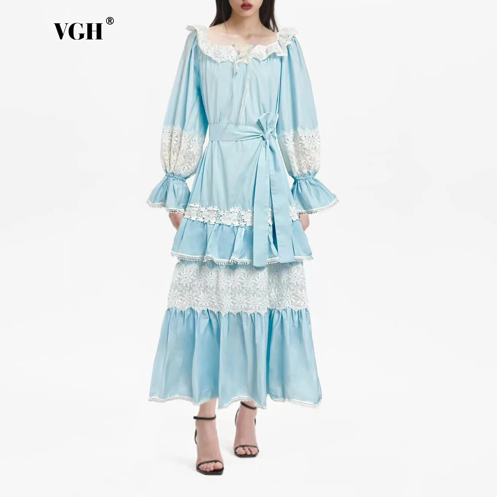 

VGH Elegant Hit Color Long Dresses For Women Square Collar Flare Sleeve Backless Spliced Lace Up Slimming Dress Female Fashion