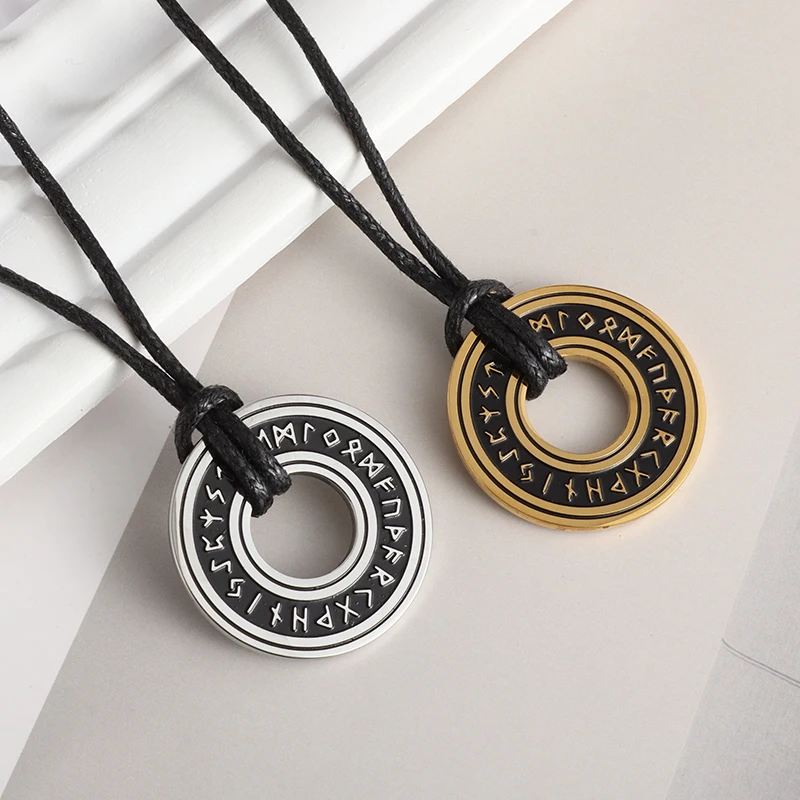 Classic Vintage Rune Circle Stainless Steel Pendant Necklace for Men Lucky Amulet Women Punk Jewelry Gift