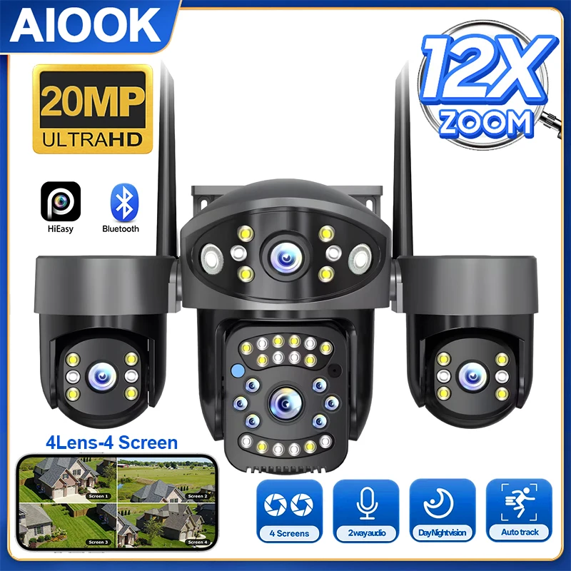 

Уличная Wi-Fi камера видеонаблюдения AIOOK с 4 объективами, HD 20 МП, 360° ° PTZ-камера видеонаблюдения с ИИ-детектором движения, отслеживанием, двусторонней связью и ночным видением