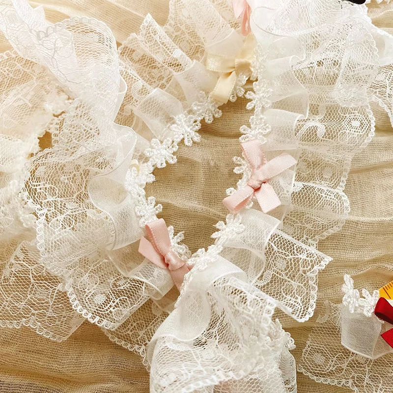 Adorno de encaje con volantes y lazo de 1 yarda para ropa, manualidades DIY, cinta de encaje bordado, adorno de tela, decoración de vestido Lolita, accesorios de costura