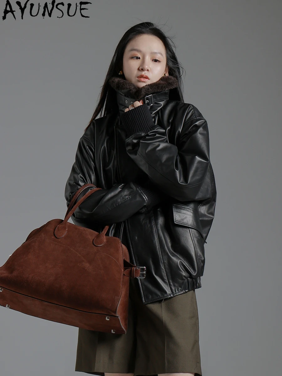 AYUNSUE Giacca in vera pelle Donna Autunno Inverno Vestiti 2025 Aggiungi cotone Genuino cappotto di pelle di pecora Donna di media lunghezza Jaqueta De Couro