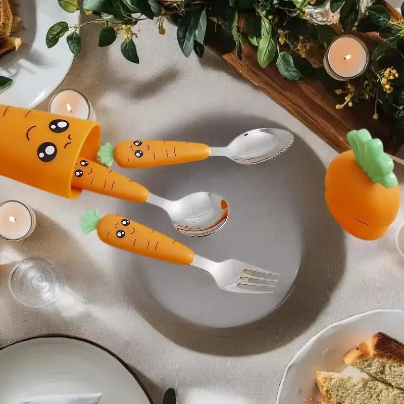 

3 шт./компл., набор моркови, детская посуда, ложка и вилка из нержавеющей стали, столовые приборы с коробкой, принадлежности для кухонной посуды для кормления детей