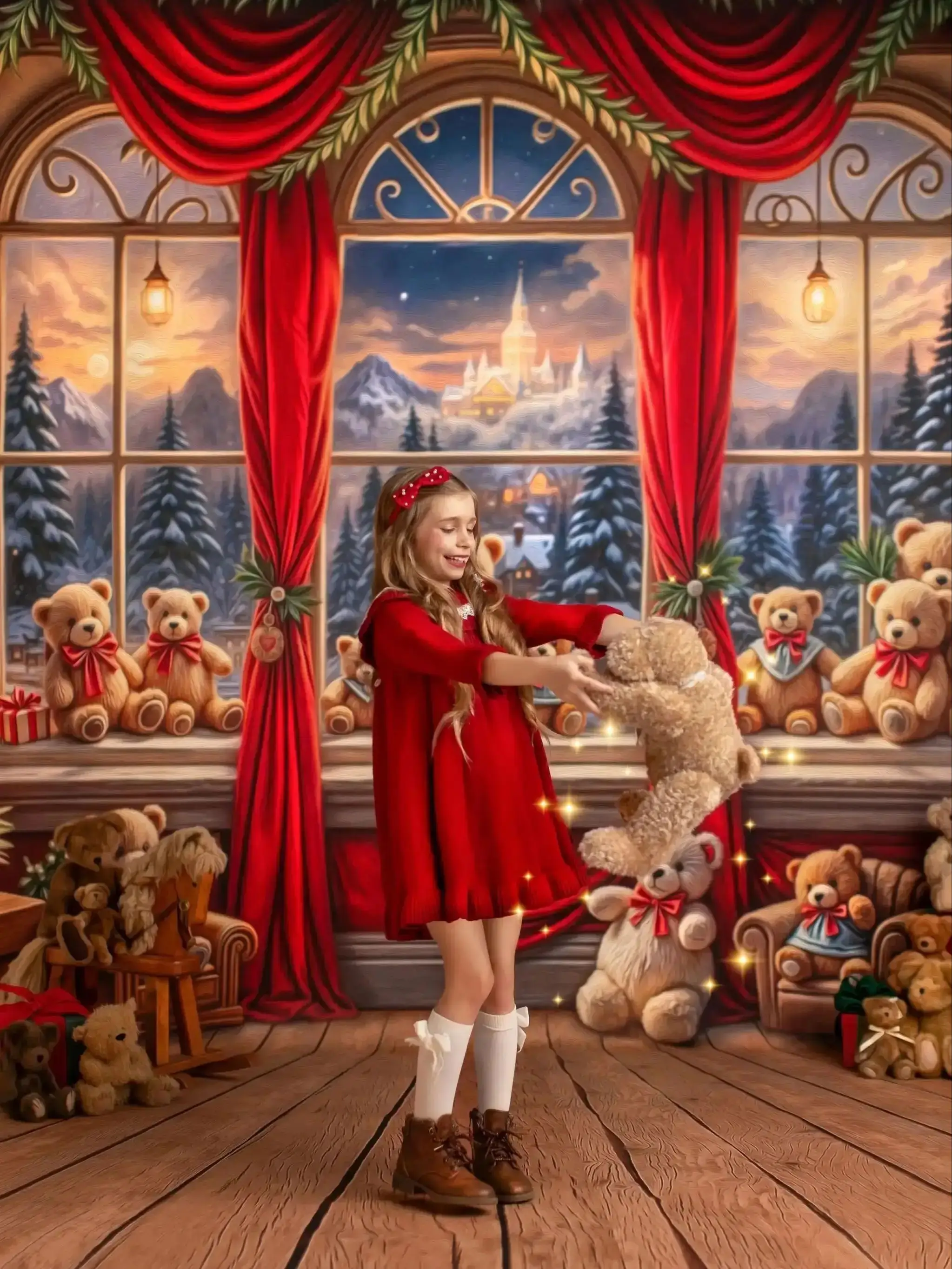 Xmas Holiday Fireside Backdrops Kids Family Photography Child Baby Photocall Decor Window Winter Photocall Fireplace Backgrounds