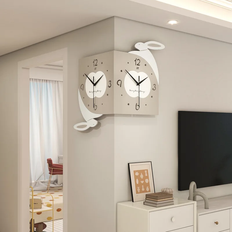 Double-sided Corner Wall Clock Home Decor Modern Cartoon Mute Wall Clock with Lights Living Room Restaurant Entrance Wall Deco