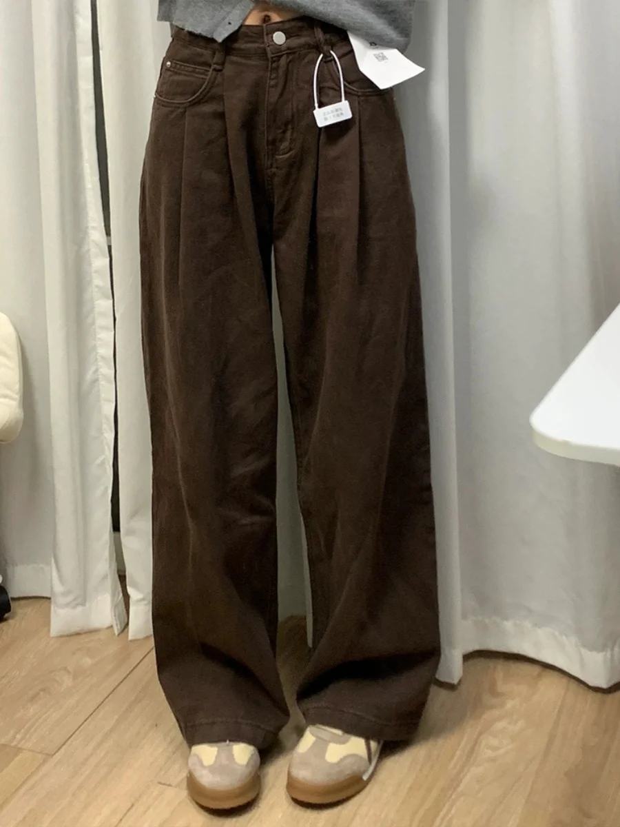Fall Winter American Retro Pleated Wide Leg Jeans Women plus Size Slimming Pear Shape High Waist Straight Cut Denim Pants