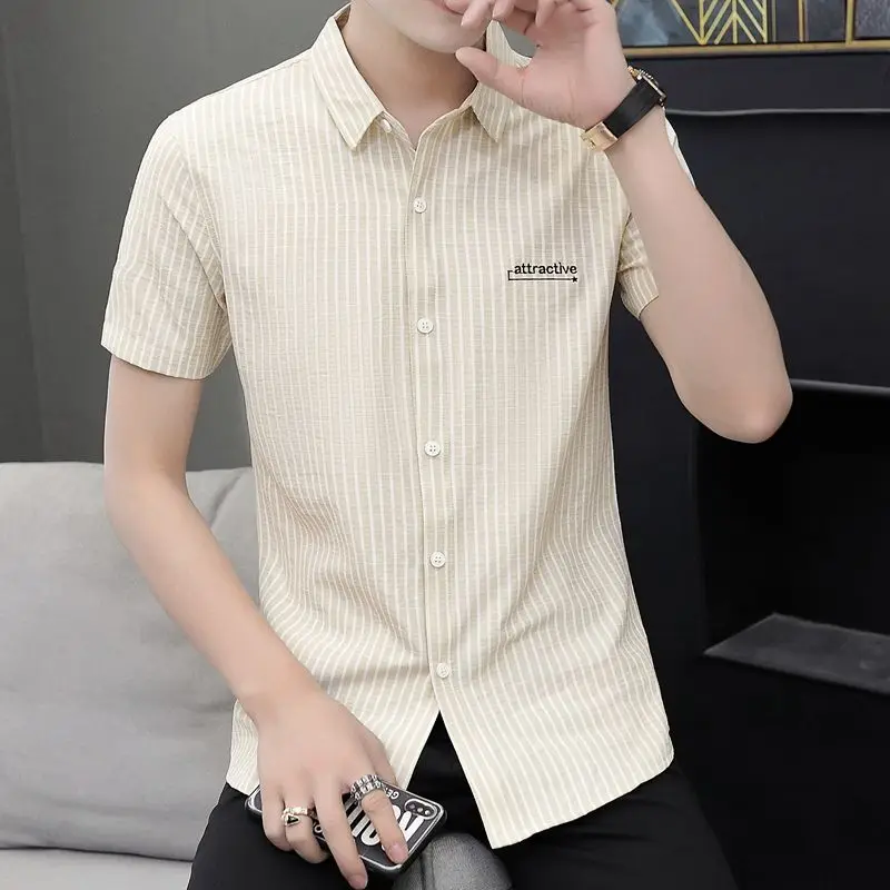 

Mens Short Sleeve Striped Turn Down Collar Casual Shirt With Small Logo Print