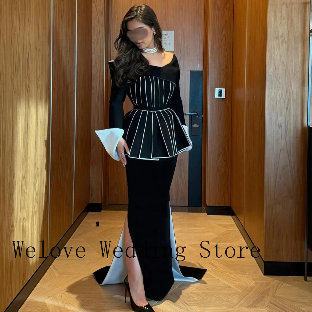 Evening Dress with Asymmetric Off-Shoulder Neckline White Piped Peplum Bodice Long Flared White Cuffs Front Slit Mermaid Skirt image 3