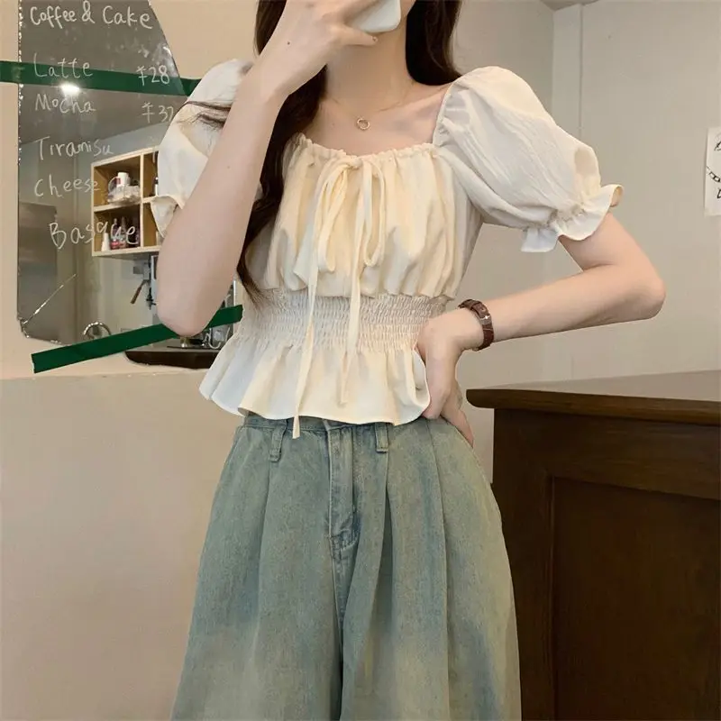 New Summer Style One-length Puff Sleeve French Waist-closing Short Short-sleeved Top for Women