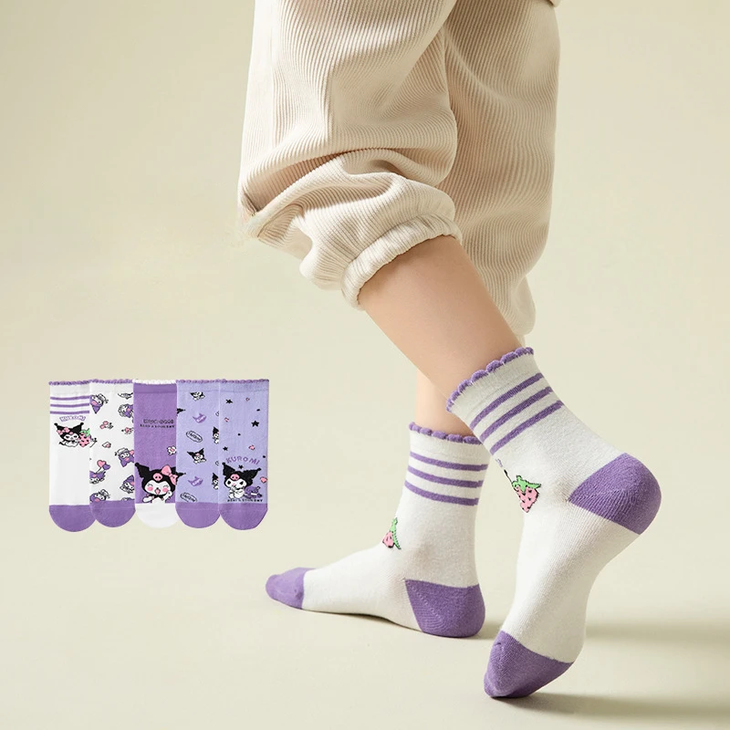 5pcs Kawaii Kuromi Children Socks Sanrio Anime Cute Warm Soft Comfort Breathable Purple Low Cut Ankle Casual Socks