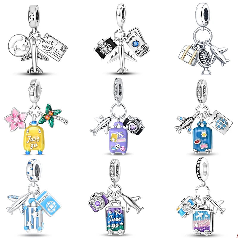 Real 925 Sterling Silver Travel Airplane Luggage Three-Piece Set Charms Fit Pandora 925 Original Bracelet Pendant DIY Jewelry