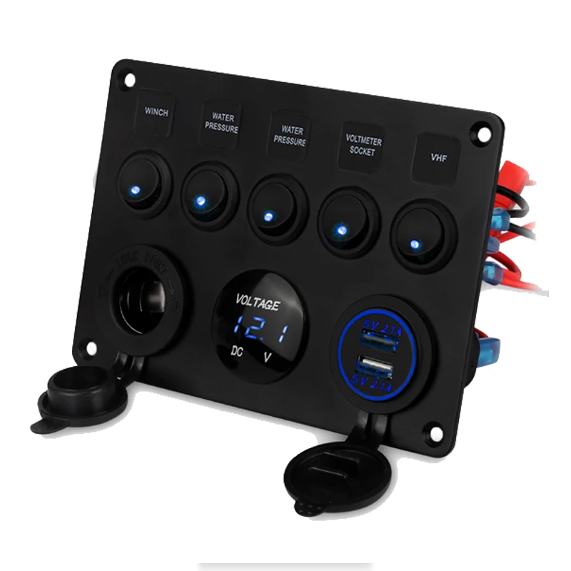 5 Gang 12v 24v Car Marine Switch Panel Waterproof Digital Voltage Display Dual USB Charger On-Off Boat Yacht Rocker Panel Switch