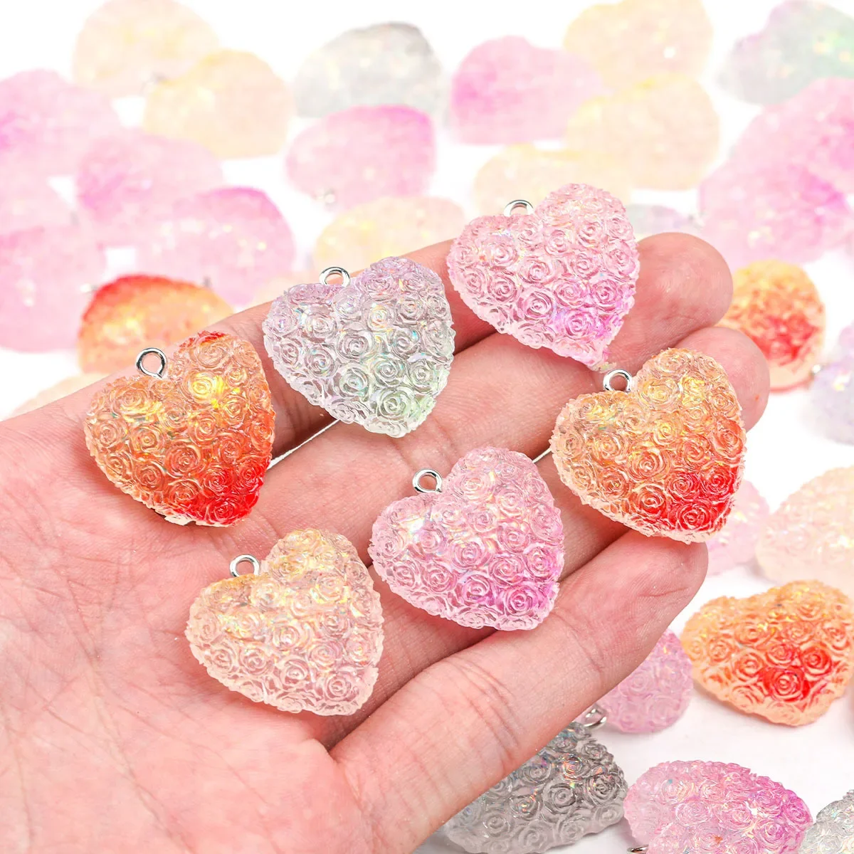 10/15pcs Random Color Rose Embossed Heart Resin Charms 24*25mm Pendants For DIY Bracelet Necklace Hair Accessories Craft Making