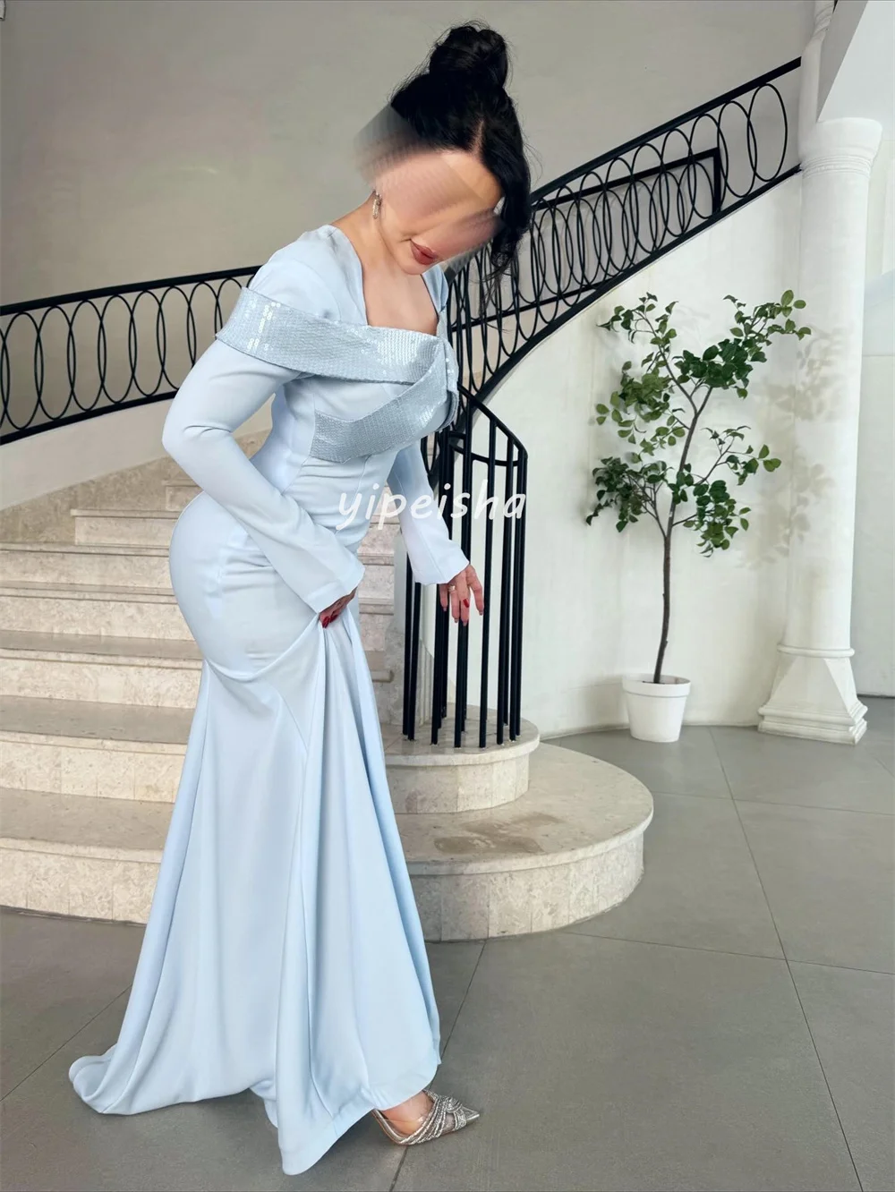 Customized Matching Fashion Pleat Ruched Sequined Mermaid Square Neck Long Dresses Evening Dresses Sizes Available High Quality