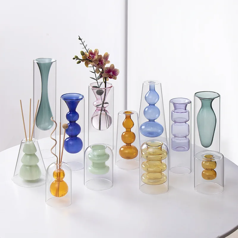 2pcs Colorful Double-Layer Gourd Shaped Blue Glass Vase Modern for Wedding Simple Mini Large Terrarium Flower Vases