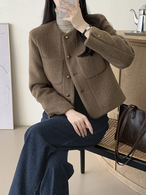 سترة كورية Sle Ele مستديرة Ne ort من الصوف Jaet بزر واحد مفتوح سترة أنيقة للنساء معطف شتوي أنيق #4