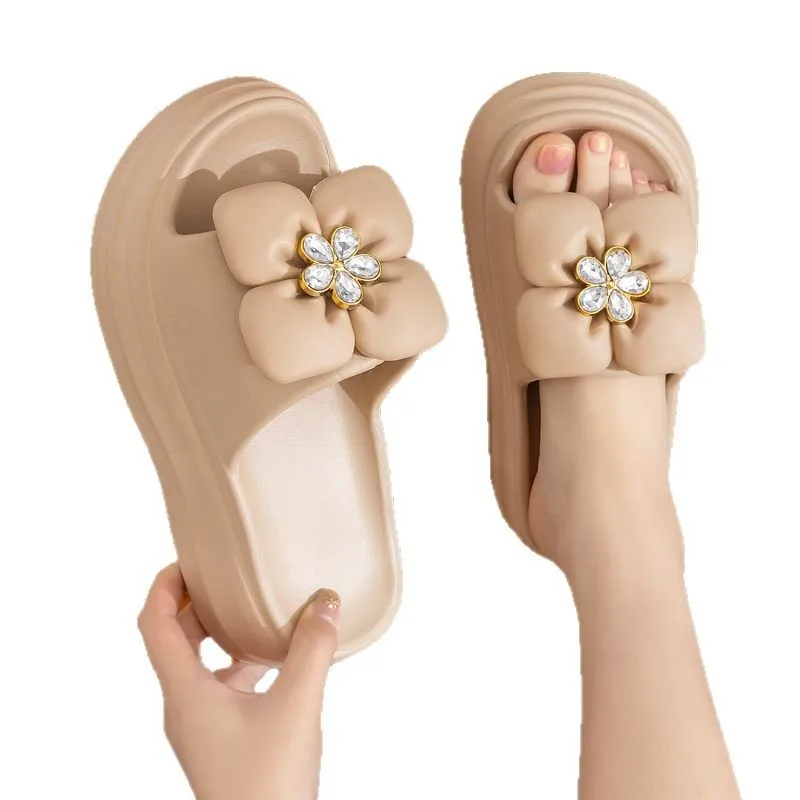 Sandales à talons hauts à plateforme pour femmes, tongs d'été de Style coréen à fleurs mignonnes EVA avec strass, pantoufles de fête antidérapantes