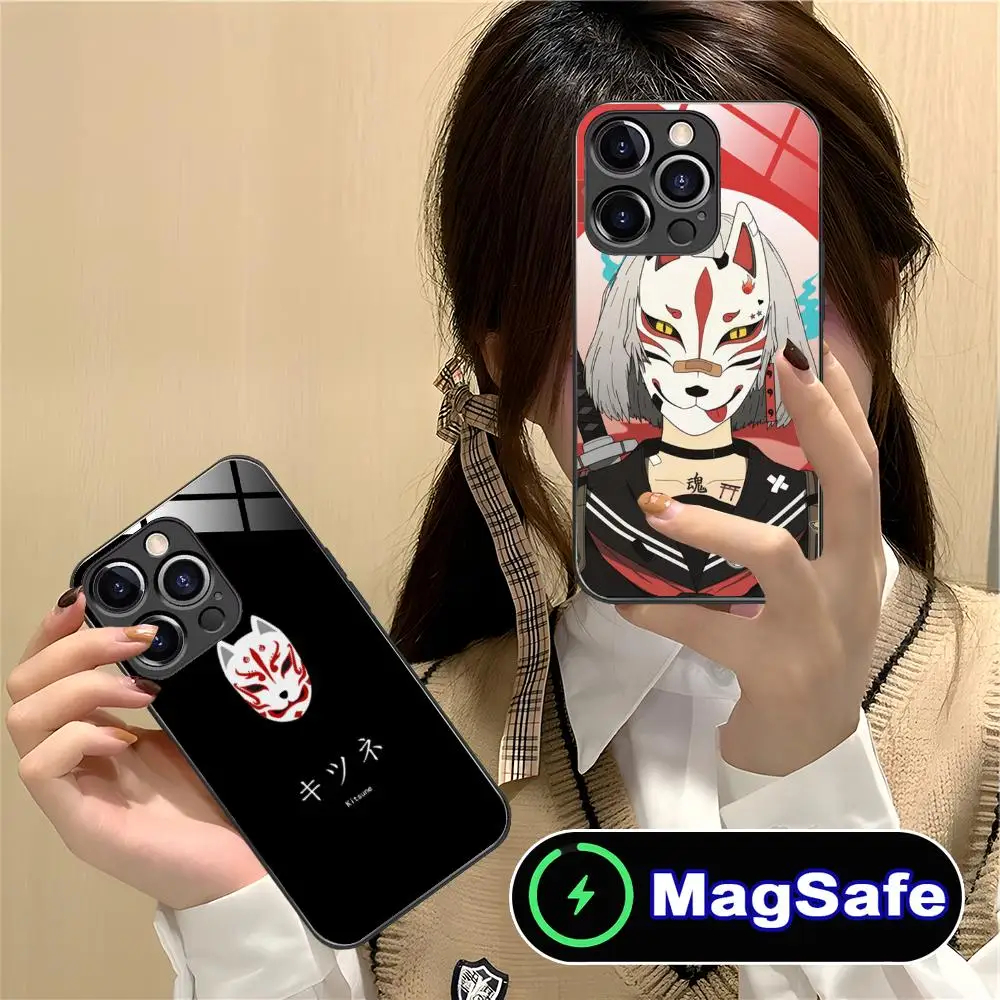 

Чехол для телефона с маской китсуни (лиса) для iPhone 17 16 15 14 13 12 11 Air Pro Max Plus Mini, стеклянный, цветной, с поддержкой MagSafe, класса люкс
