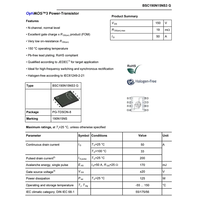 5PCS BSC190N15NS3G TDSON-8 (5x6) 190N15NS power transistor field-effect transistor MOSFET