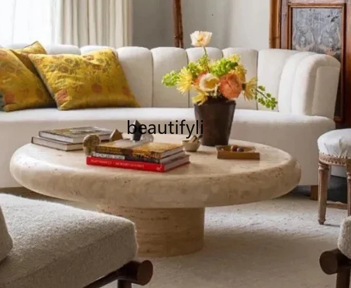 

Natural Cave Stone Coffee Table Designer Living Room Silent Style round Table Marble Retro Tea Table Middle Ancient