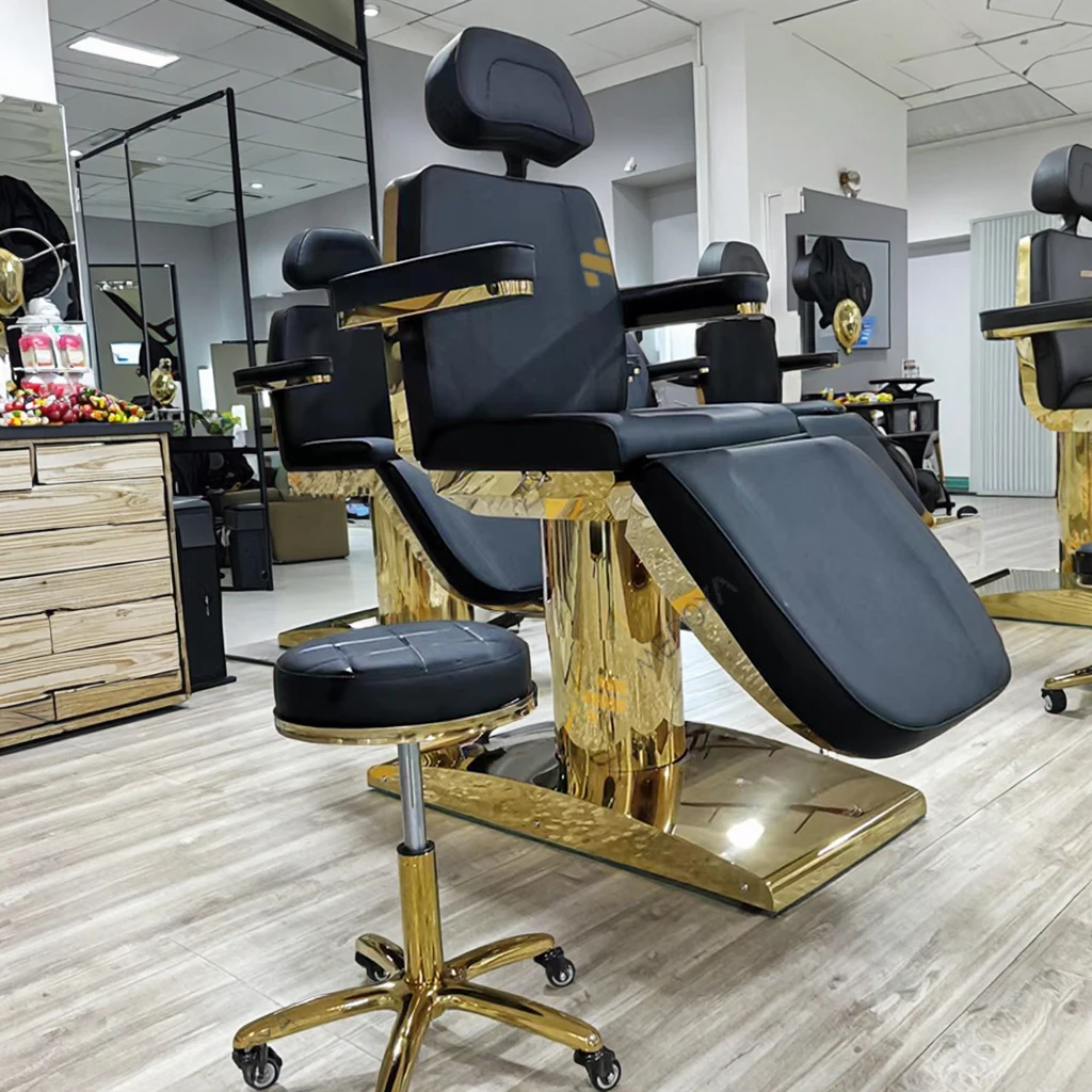 

Beauty Salon Electroplated Mirror Gold Base Black Leather Massage Table Bed Chair Luxury Modern Rotating Facial Bed With 4 Motor