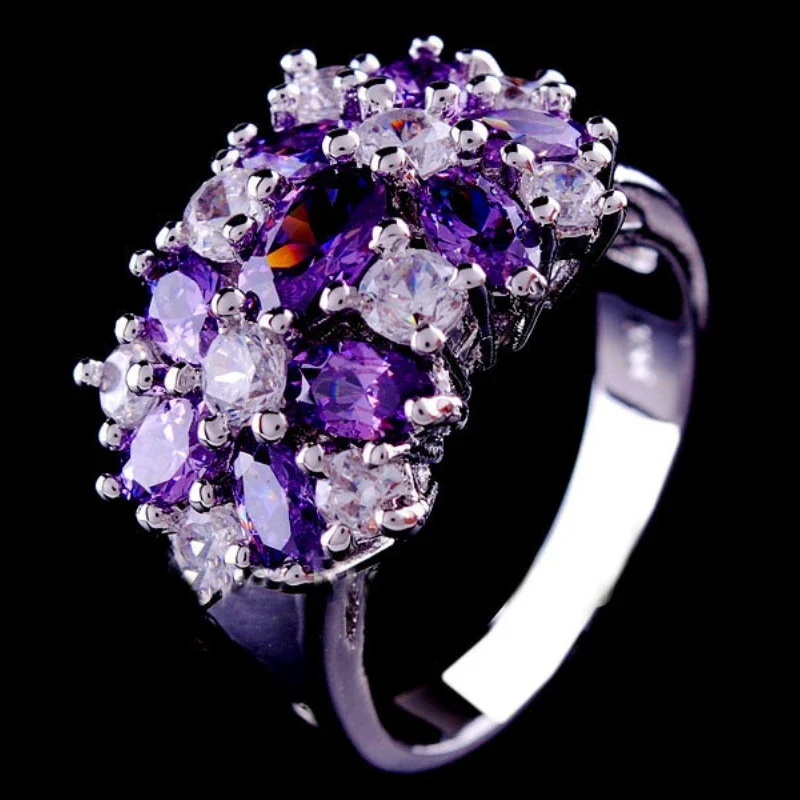 Luxury Female Pink Purple Blue Flower Ring Fashion Silver Color Engagement Ring Luxury Promise Wedding Rings For Women