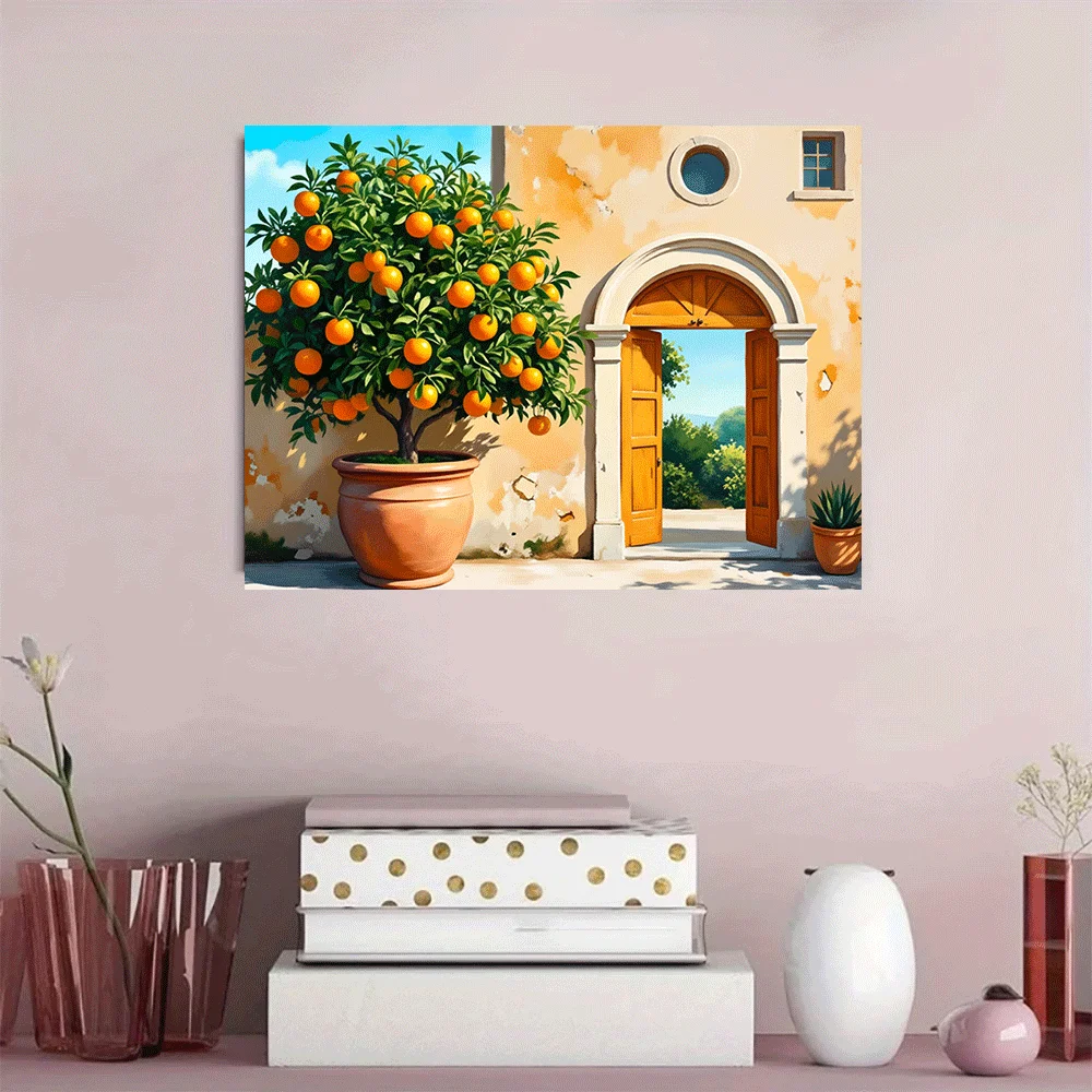 1PC-Unframed Canvas poster wall decoration  Orange Tree Garden Door Mediterranean Villa Art Print