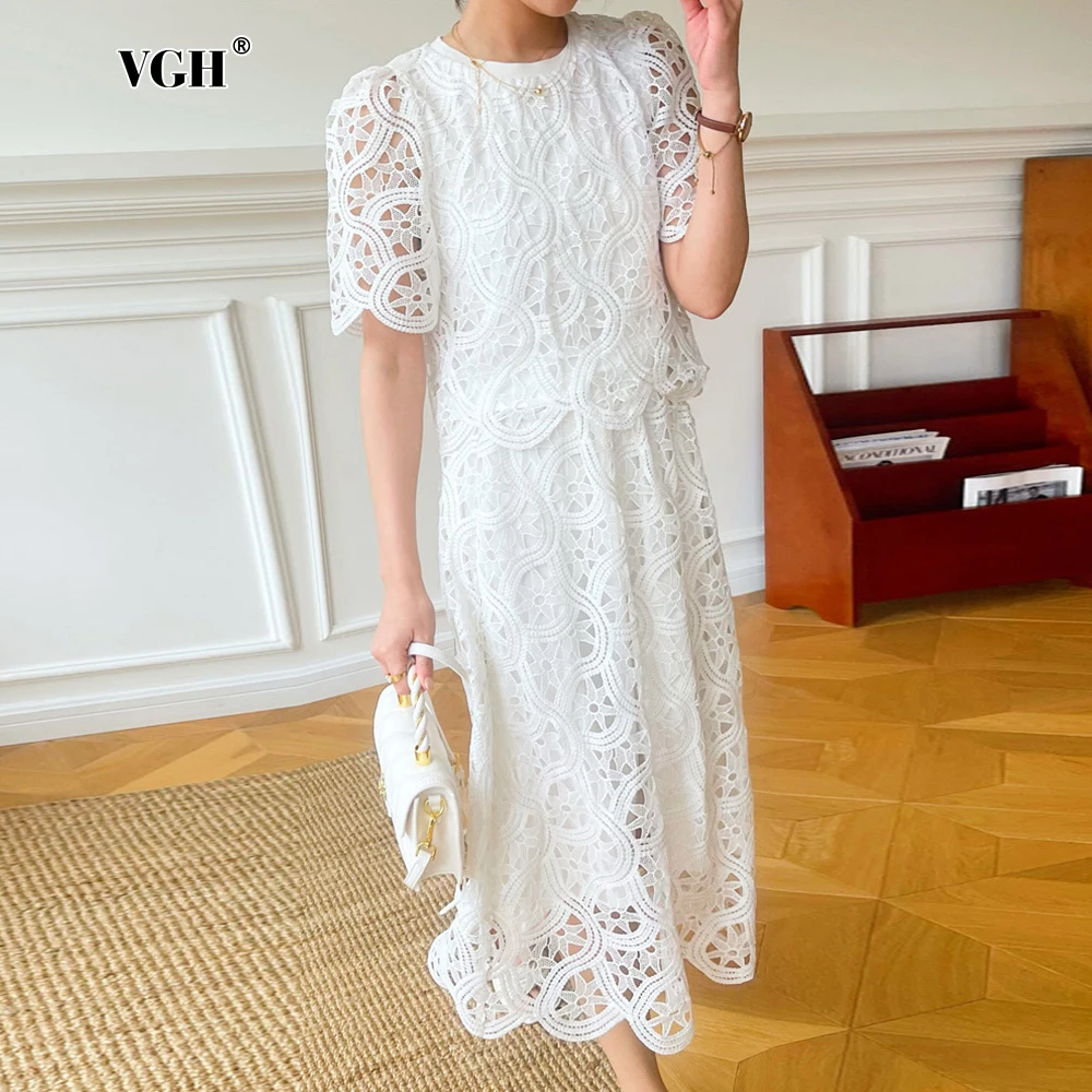 

VGH Elegant Skirt Sets For Women O Neck Short Sleeve Top High Waist Hollow Out Embroidery Wavecut Hem Long Skirts Set Female New