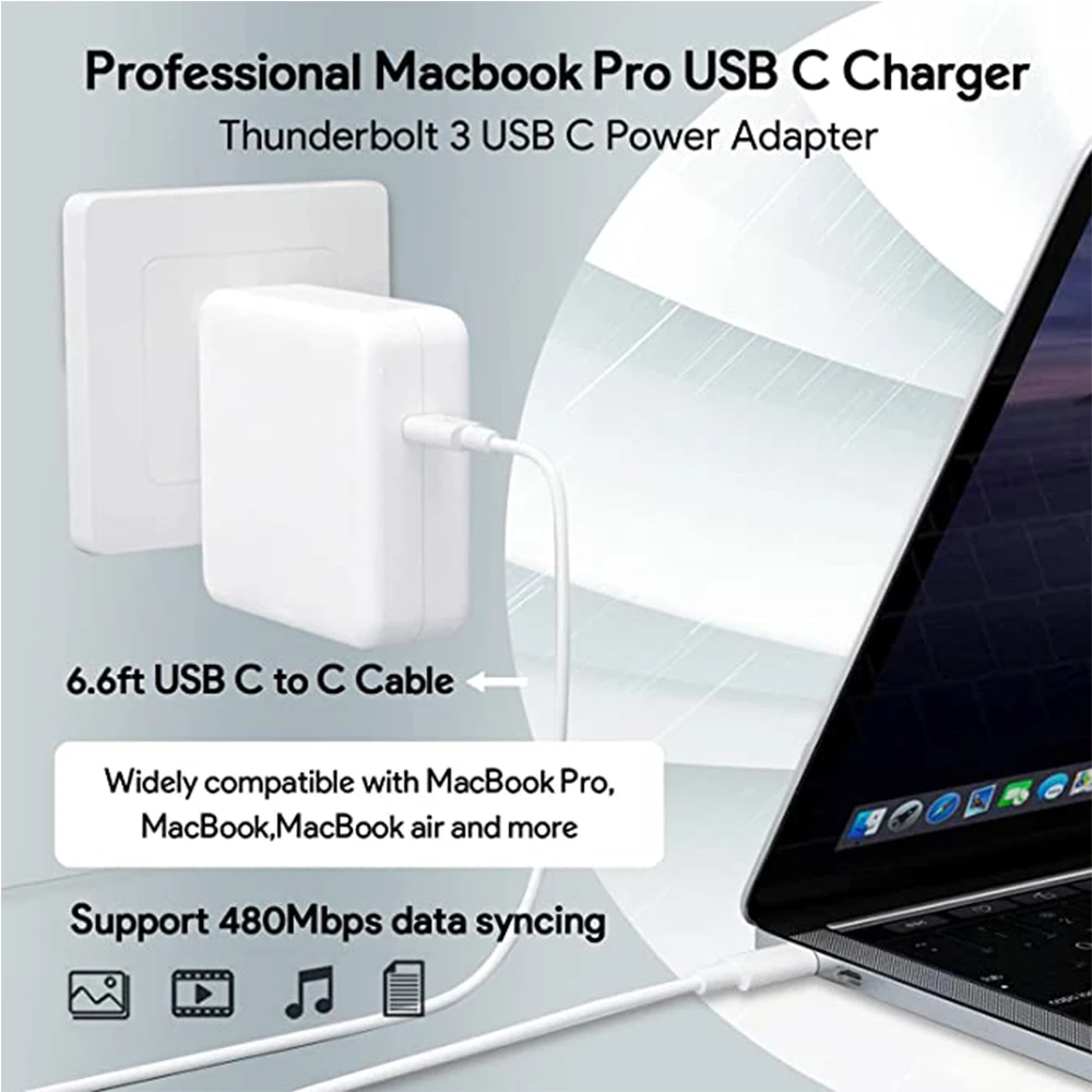 100W USB C charger power adapter compatible with MacBook Pro 16, 15, 14, 13 inch, MacBook Air 13 inch, iPad Pro 2021/2020/2019