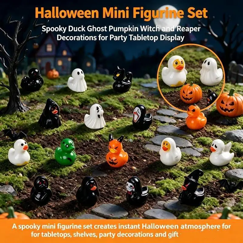 10Pcs Mini Halloween Pumpkin Duck Micro Landscape Resin Ornament Devil Duck Halloween Carnival Party Gift Home Desktop Decorati