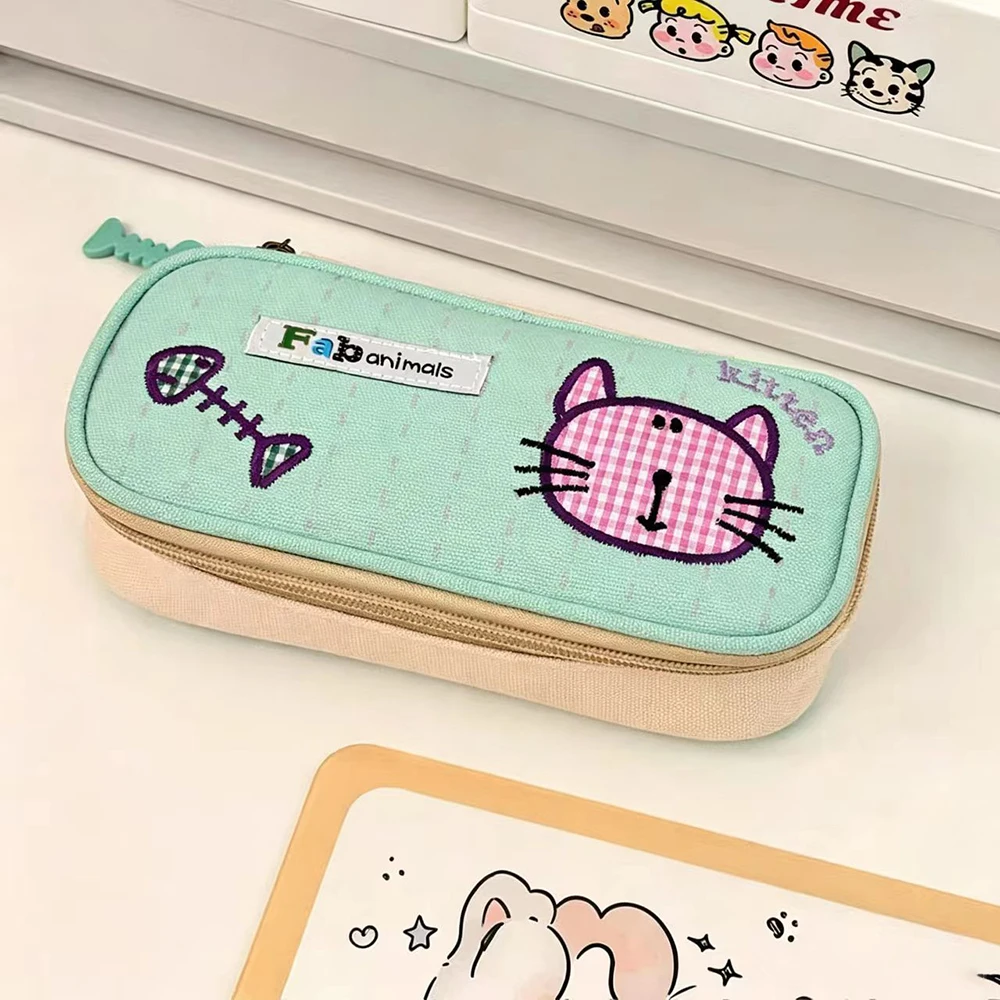 Cartoon Phoebe Cat Pencil Case, Ins High Beauty Embroidered Stationery Box, Student Large Capacity Pencil Set Storage Bag