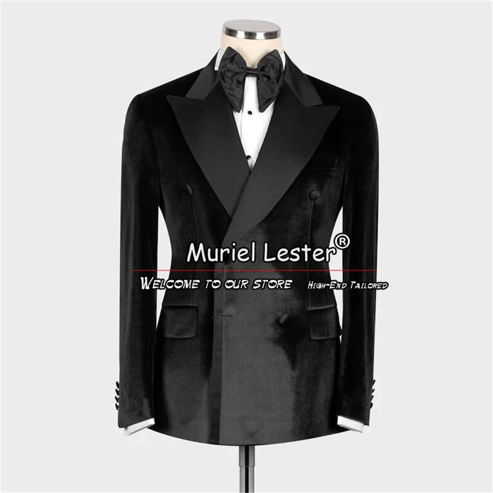 Groom Men Wedding Suits Slim Fit Black Velvet Groom Satin Lapel Double Breasted Tuxedo Tailor-Made 2 Pieces Jacket Pants Clothes