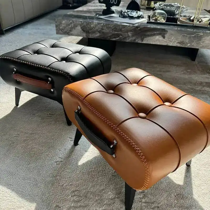 Wax Leather Por  Low Shoe Changing Stool for Home Doorway Entryway Living Room Sofa Bench