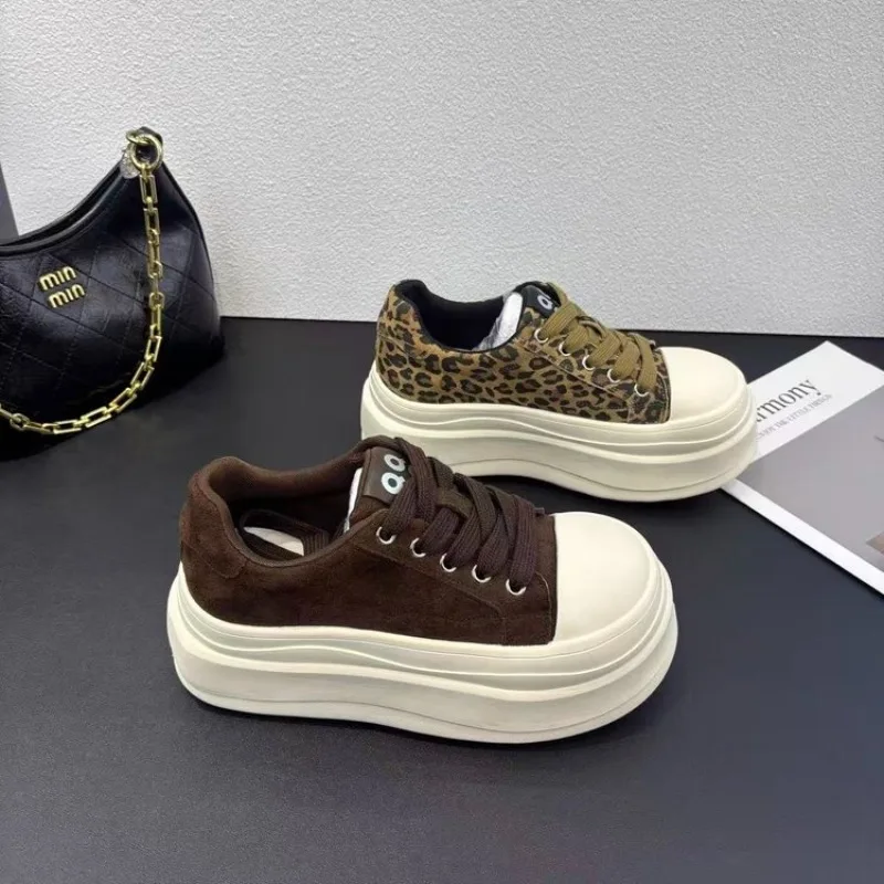 Women Leopard Print Platform Sneakers, Thick Sole Lace Up Round Toe Casual Shoes, Fashion Chunky Low Top Canvas Shoes view 3